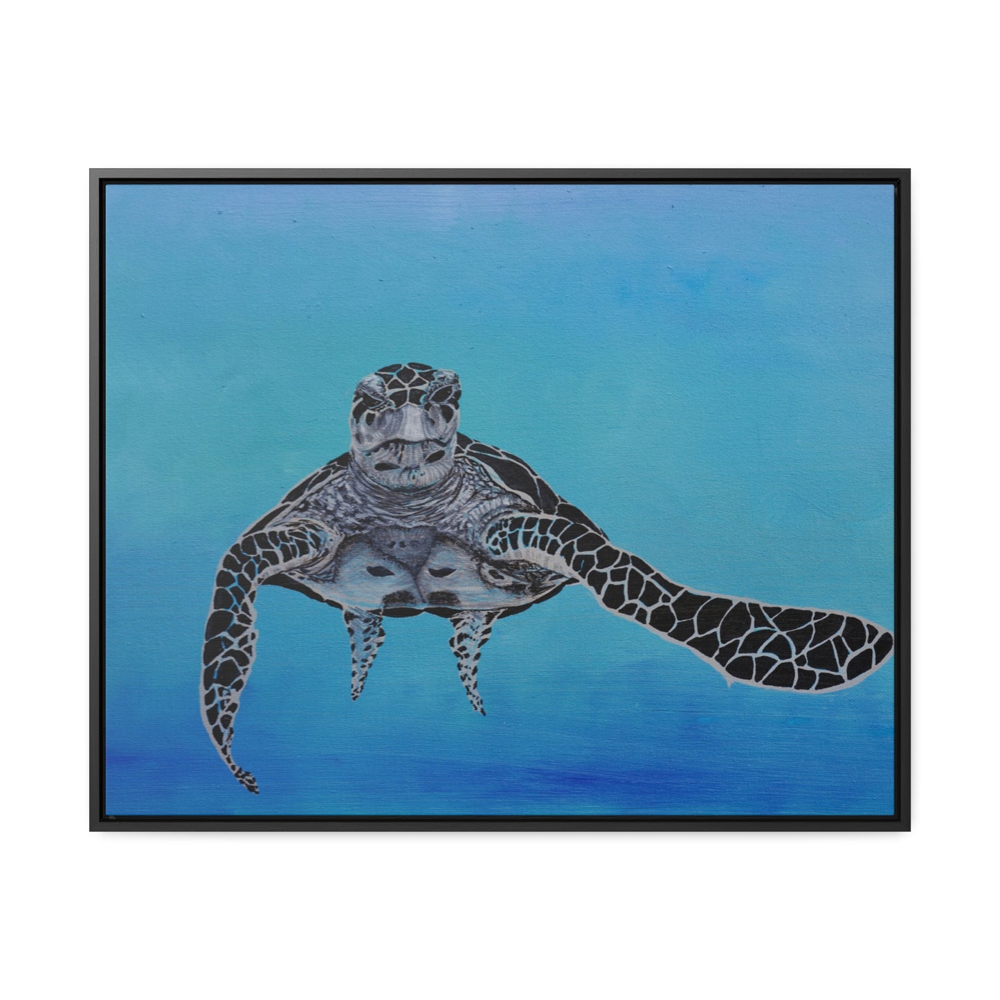 Black White and Blue Turtle Painting Print Gallery Canvas Wraps, Horizontal Frame