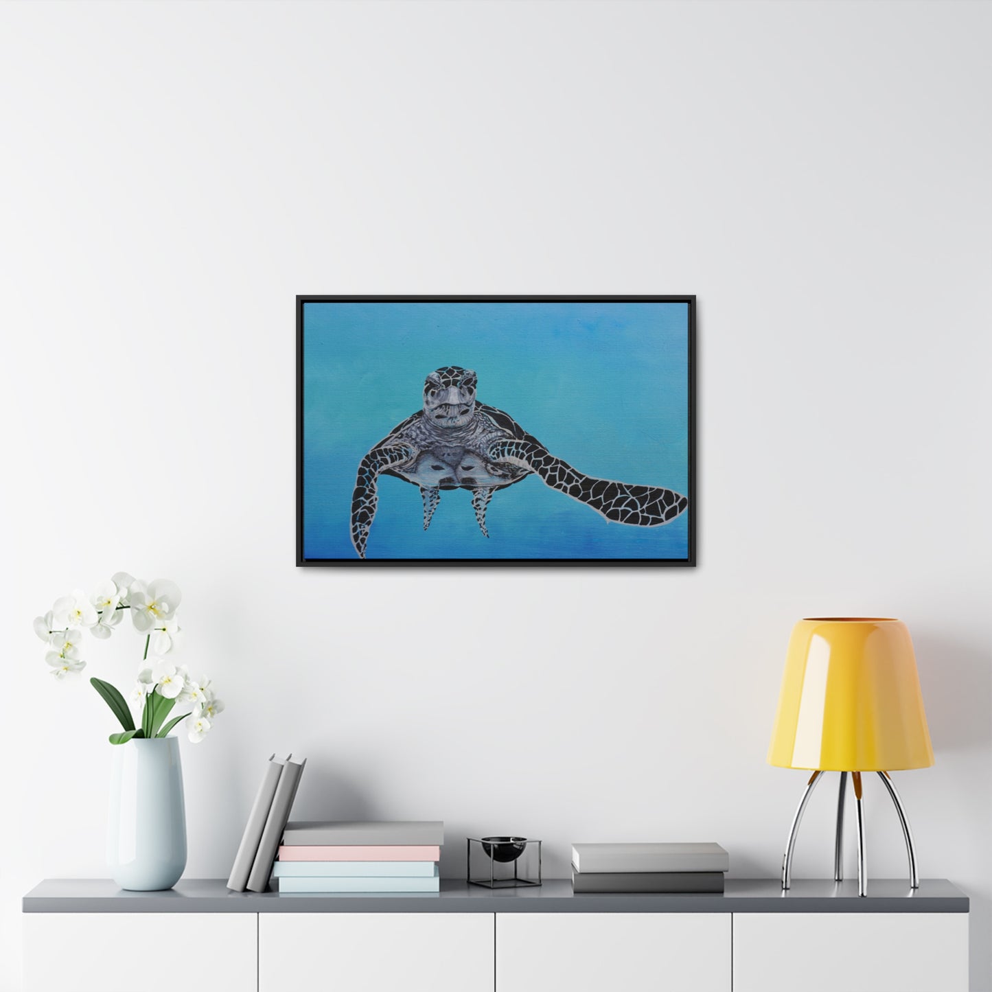 Black White and Blue Turtle Painting Print Gallery Canvas Wraps, Horizontal Frame