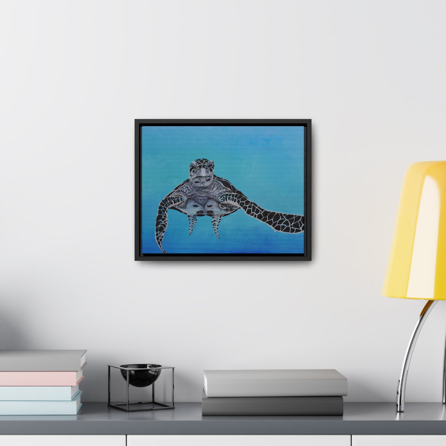 Black White and Blue Turtle Painting Print Gallery Canvas Wraps, Horizontal Frame