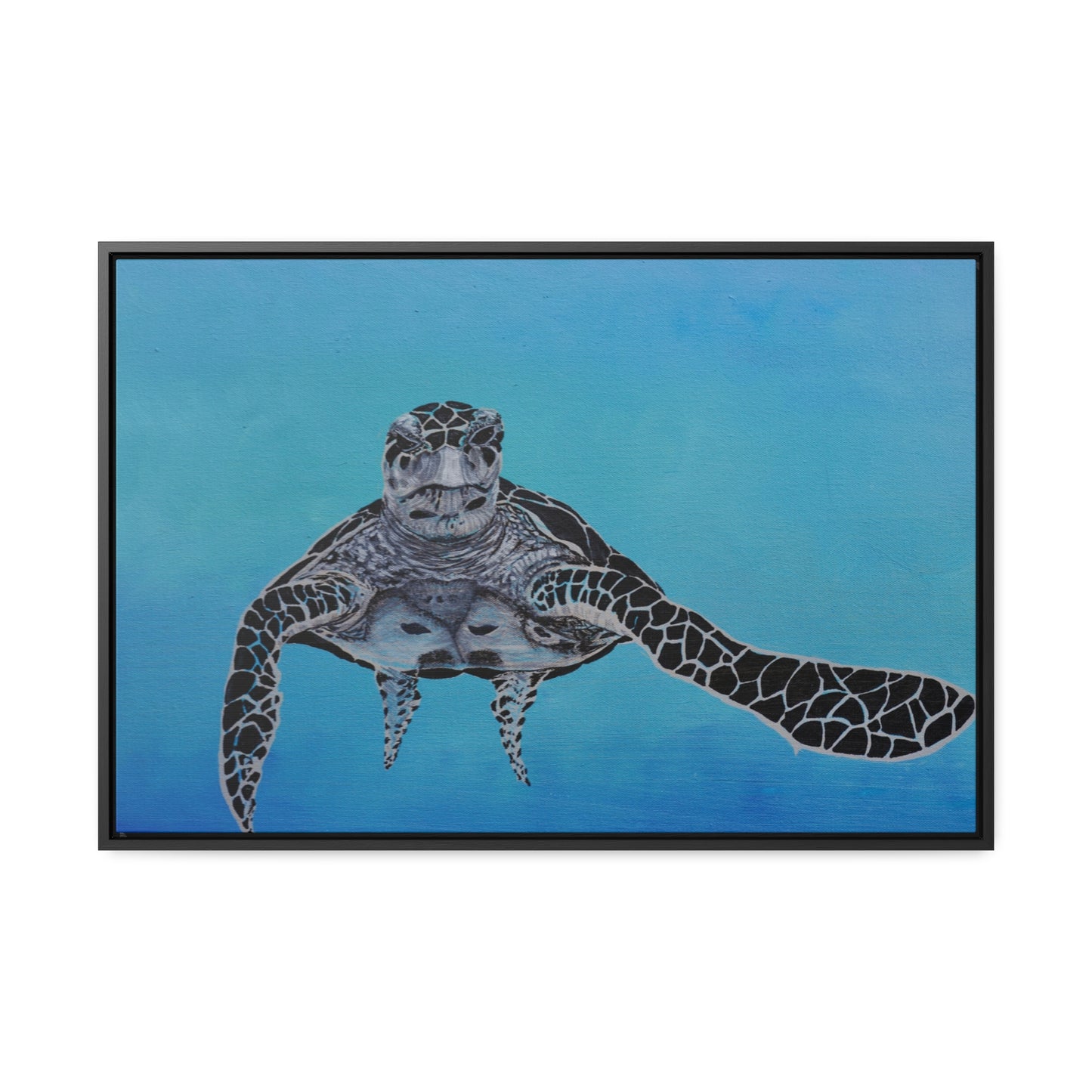 Black White and Blue Turtle Painting Print Gallery Canvas Wraps, Horizontal Frame