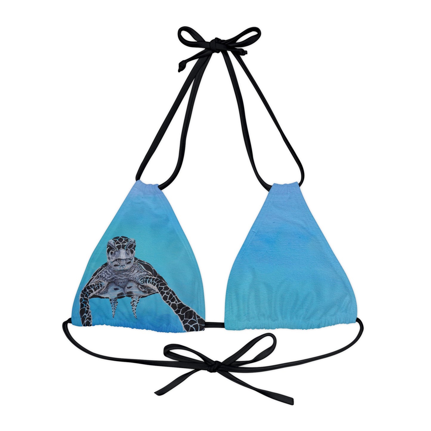 Dude Sea Turtle Black White and Blue Strappy Triangle Bikini Top (AOP)