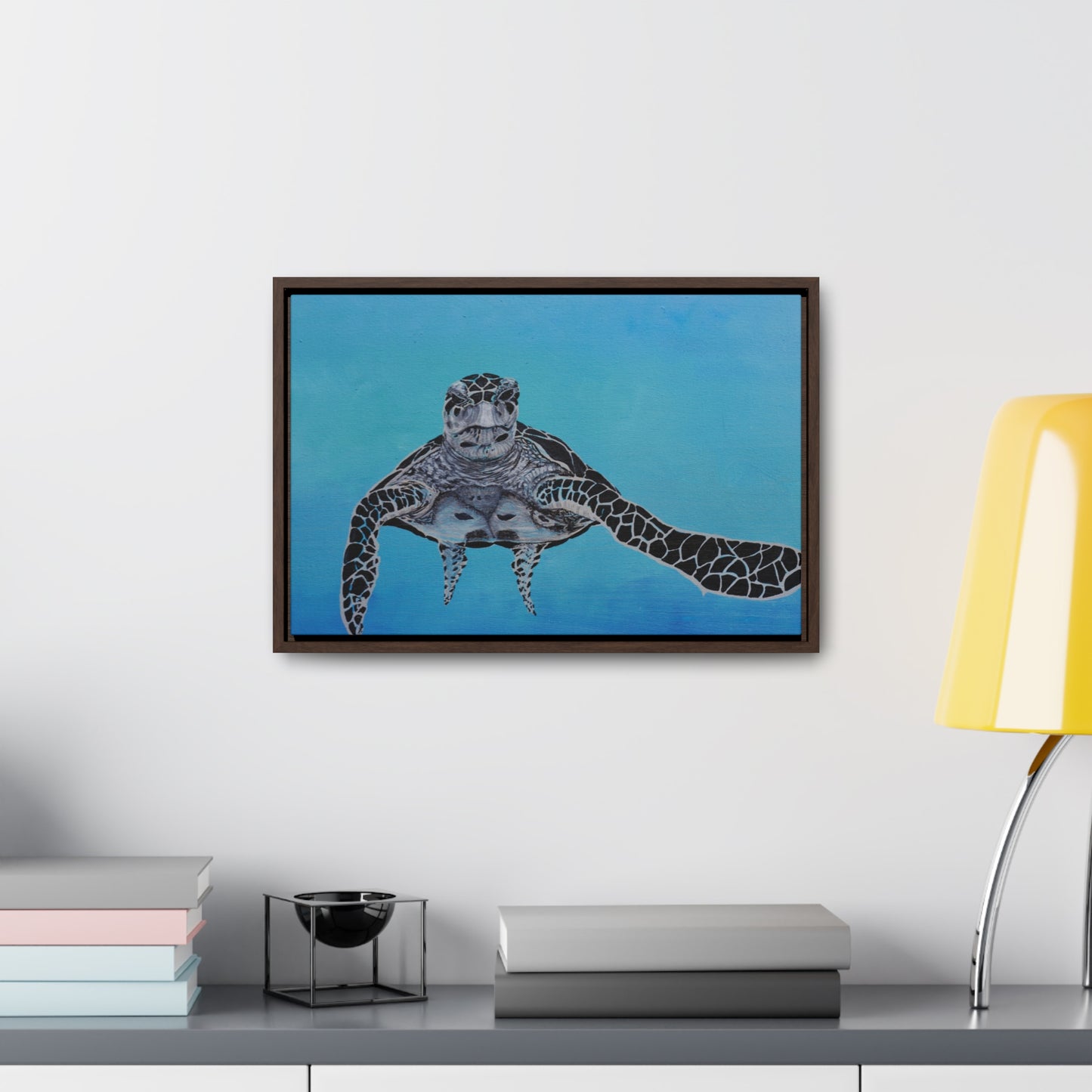 Black White and Blue Turtle Painting Print Gallery Canvas Wraps, Horizontal Frame