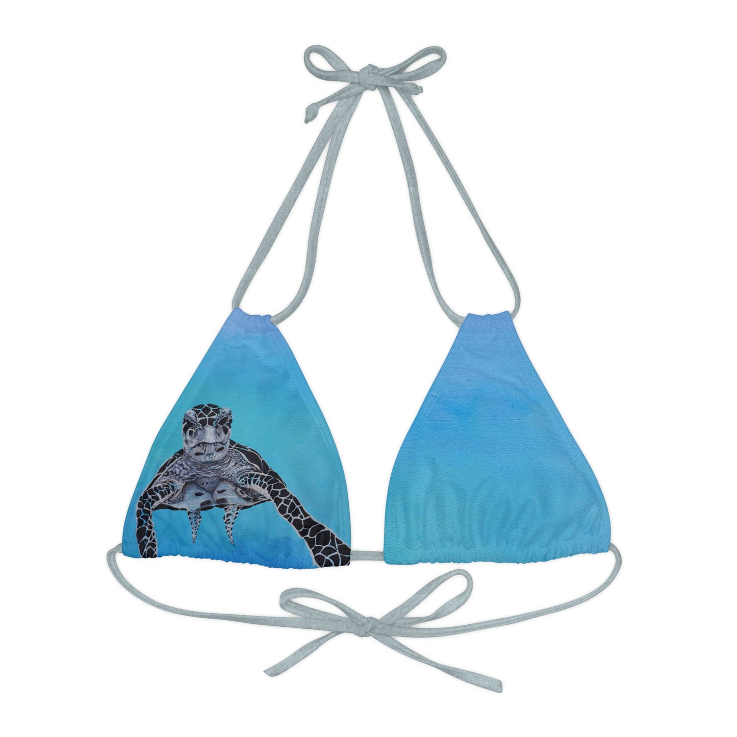 Dude Sea Turtle Black White and Blue Strappy Triangle Bikini Top (AOP)