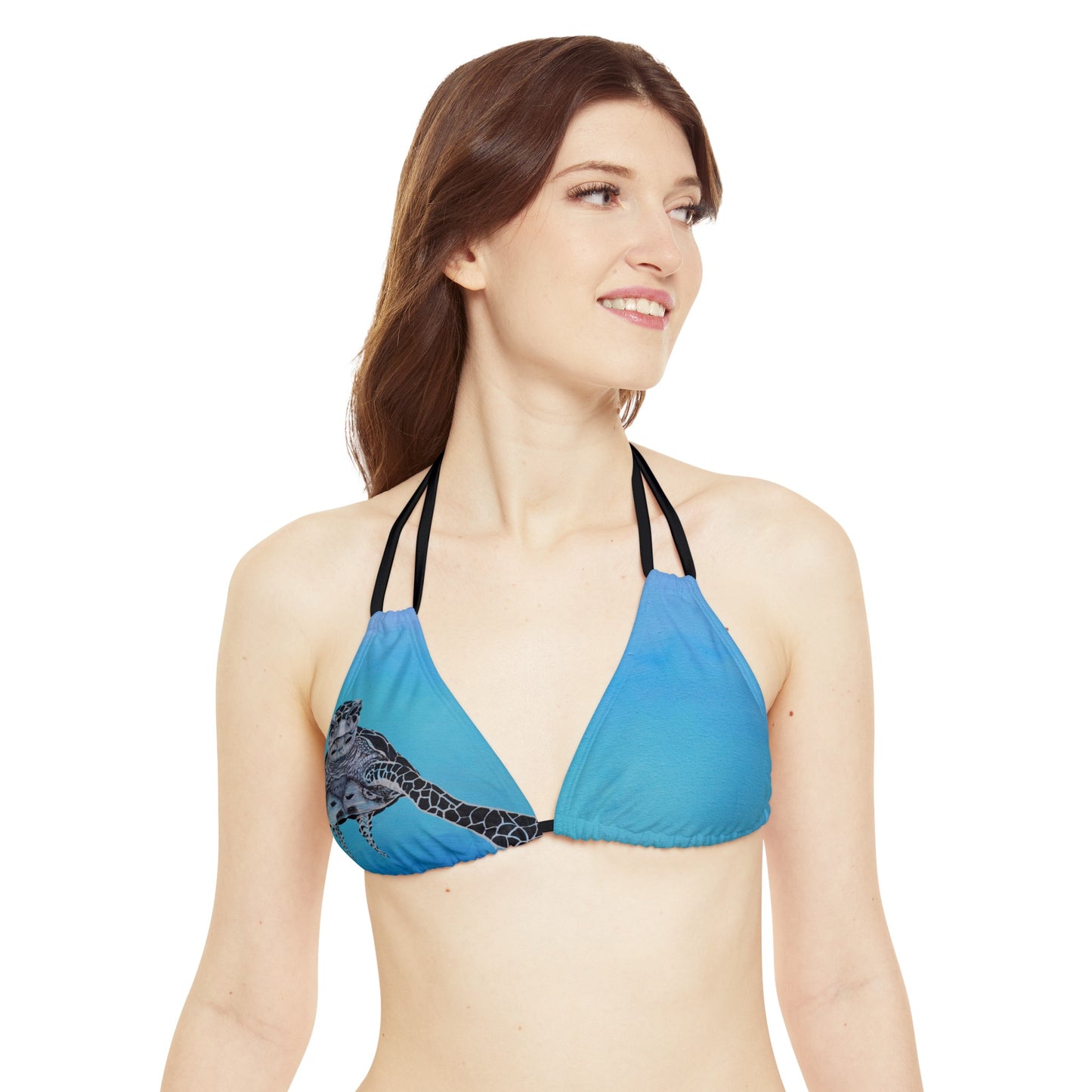 Dude Sea Turtle Black White and Blue Strappy Triangle Bikini Top (AOP)