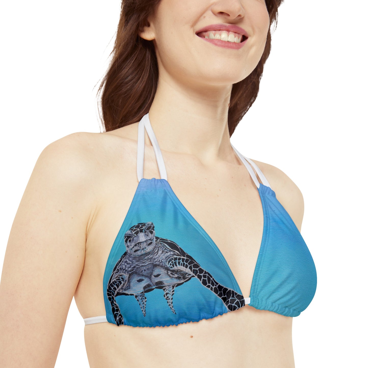 Dude Sea Turtle Black White and Blue Strappy Triangle Bikini Top (AOP)