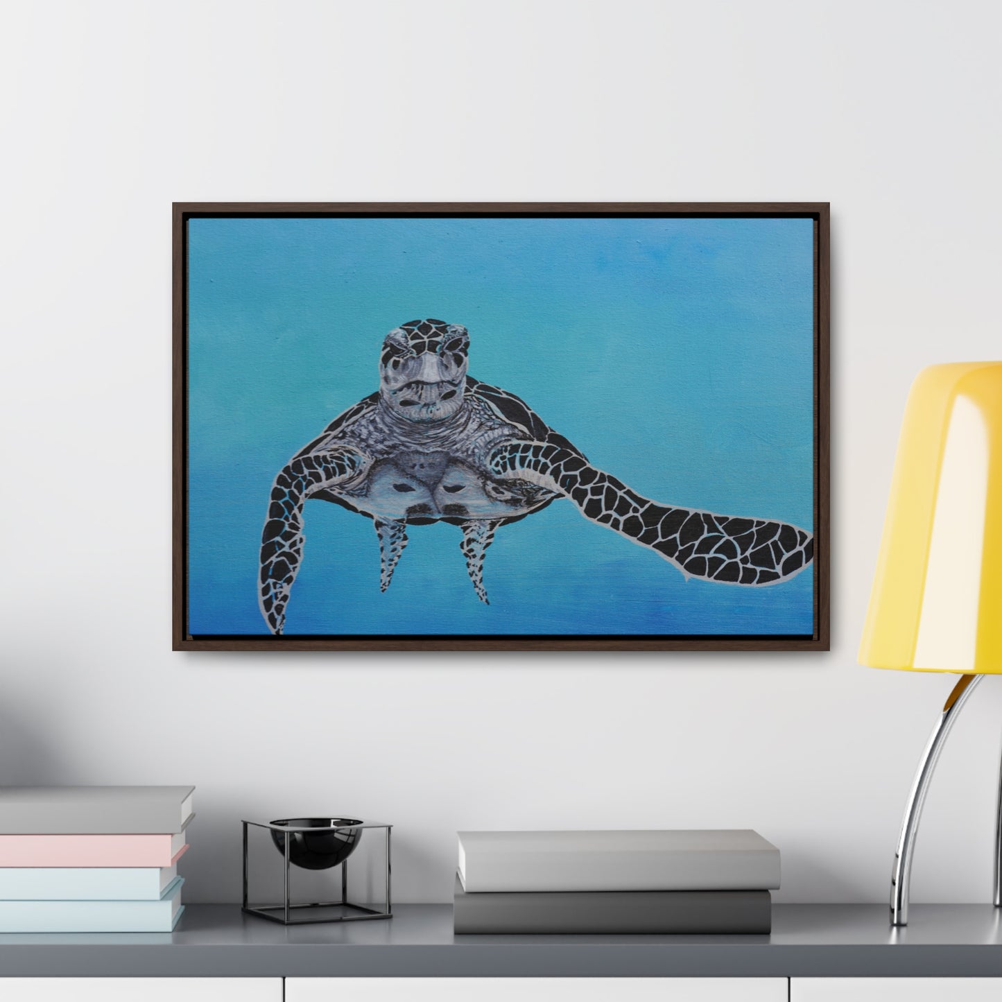 Black White and Blue Turtle Painting Print Gallery Canvas Wraps, Horizontal Frame