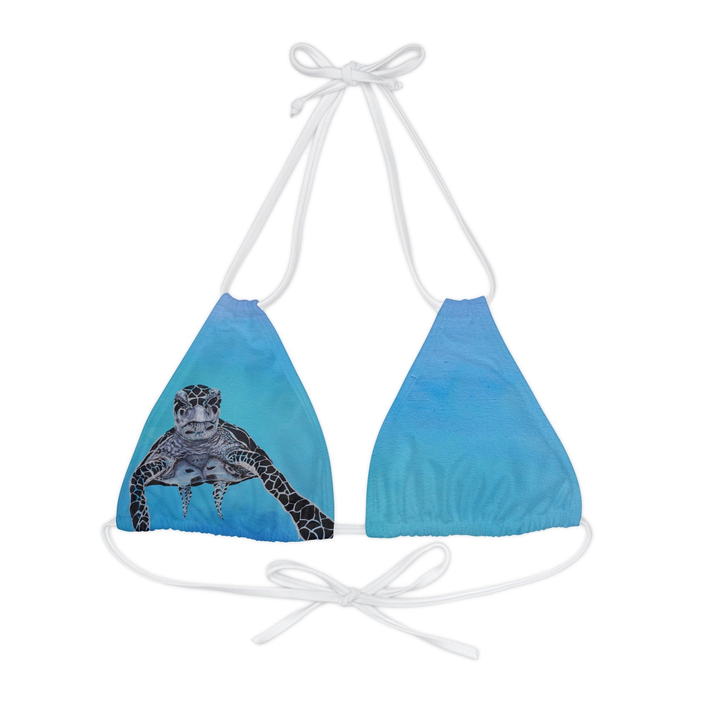 Dude Sea Turtle Black White and Blue Strappy Triangle Bikini Top (AOP)