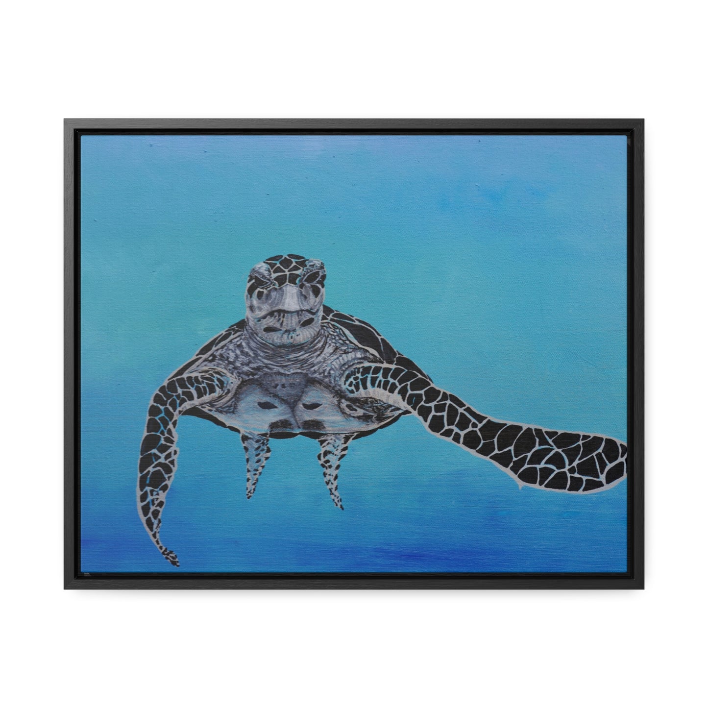 Black White and Blue Turtle Painting Print Gallery Canvas Wraps, Horizontal Frame