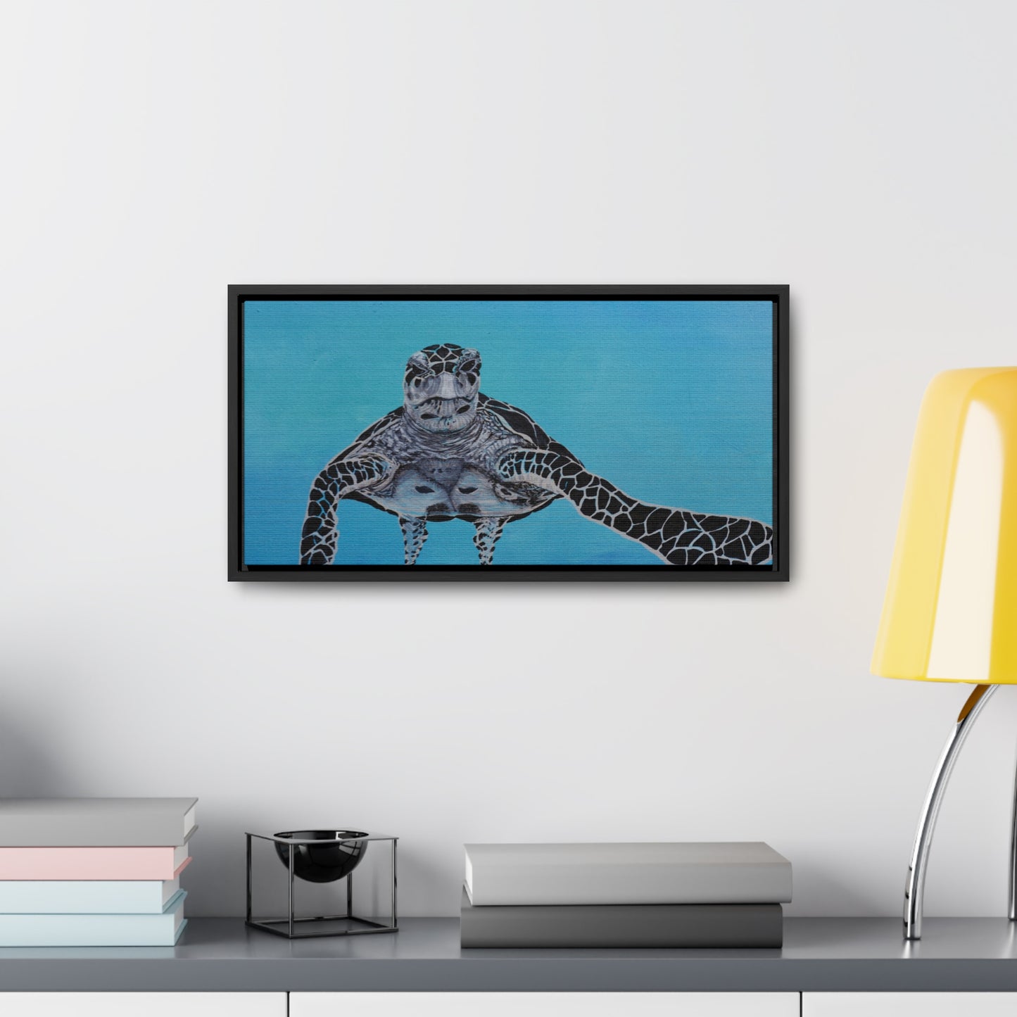 Black White and Blue Turtle Painting Print Gallery Canvas Wraps, Horizontal Frame