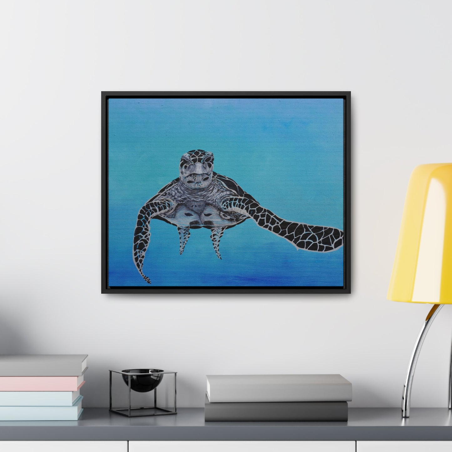 Black White and Blue Turtle Painting Print Gallery Canvas Wraps, Horizontal Frame