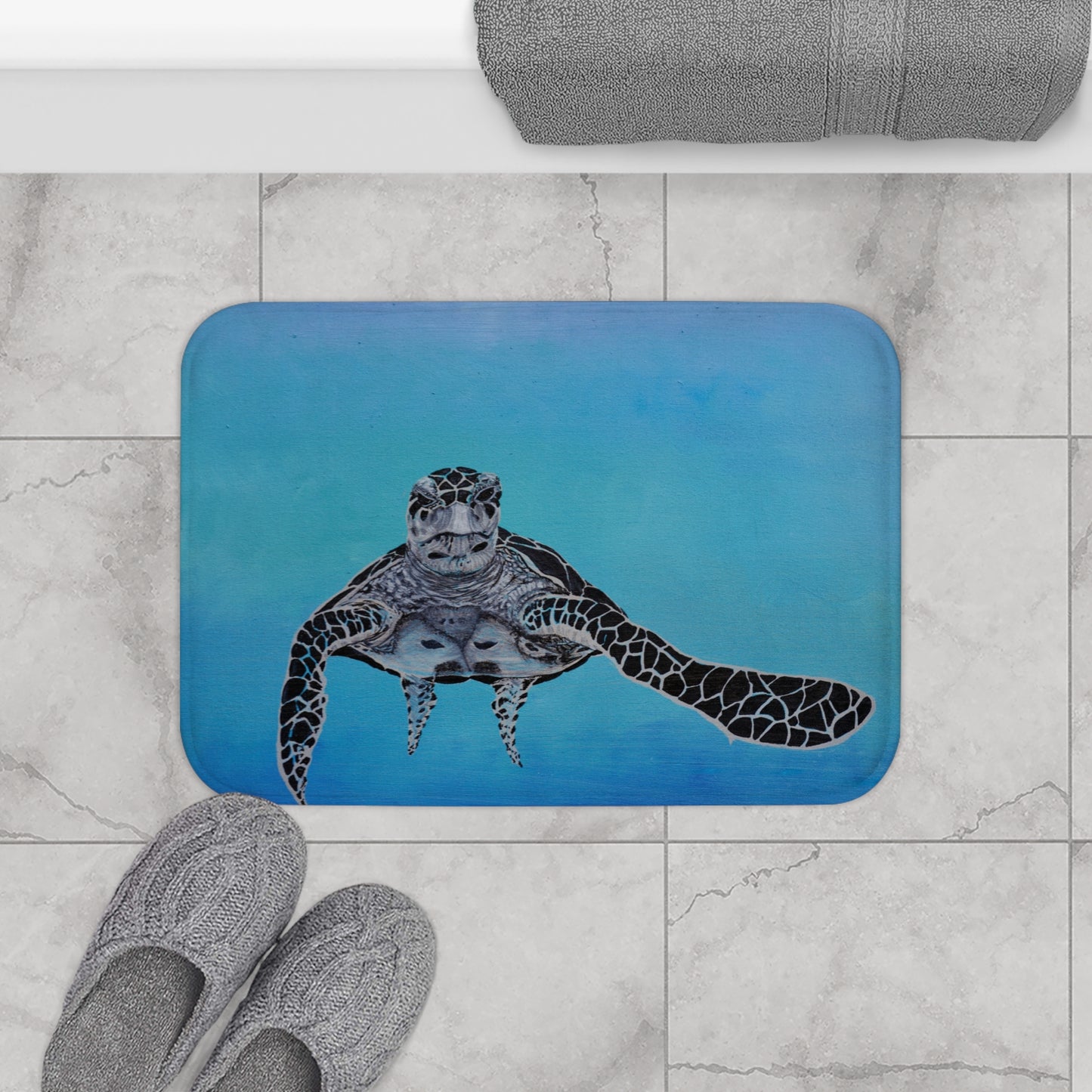 Blue White and Blue Turtle Bath Mat