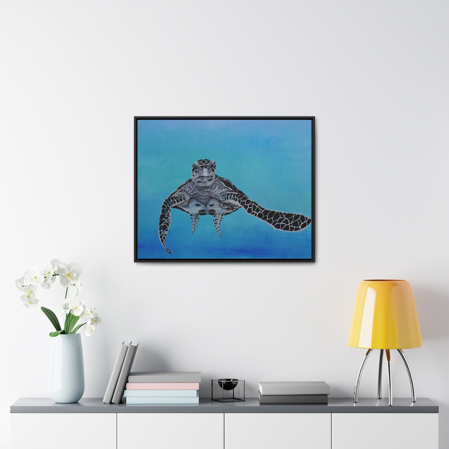 Black White and Blue Turtle Painting Print Gallery Canvas Wraps, Horizontal Frame