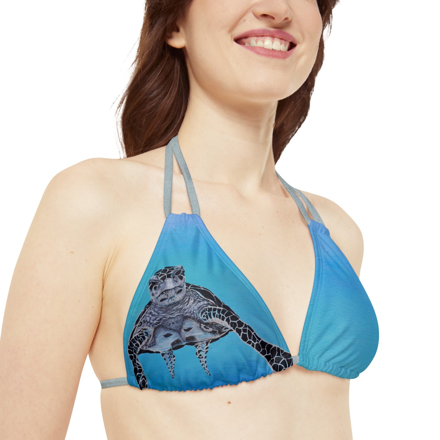 Dude Sea Turtle Black White and Blue Strappy Triangle Bikini Top (AOP)