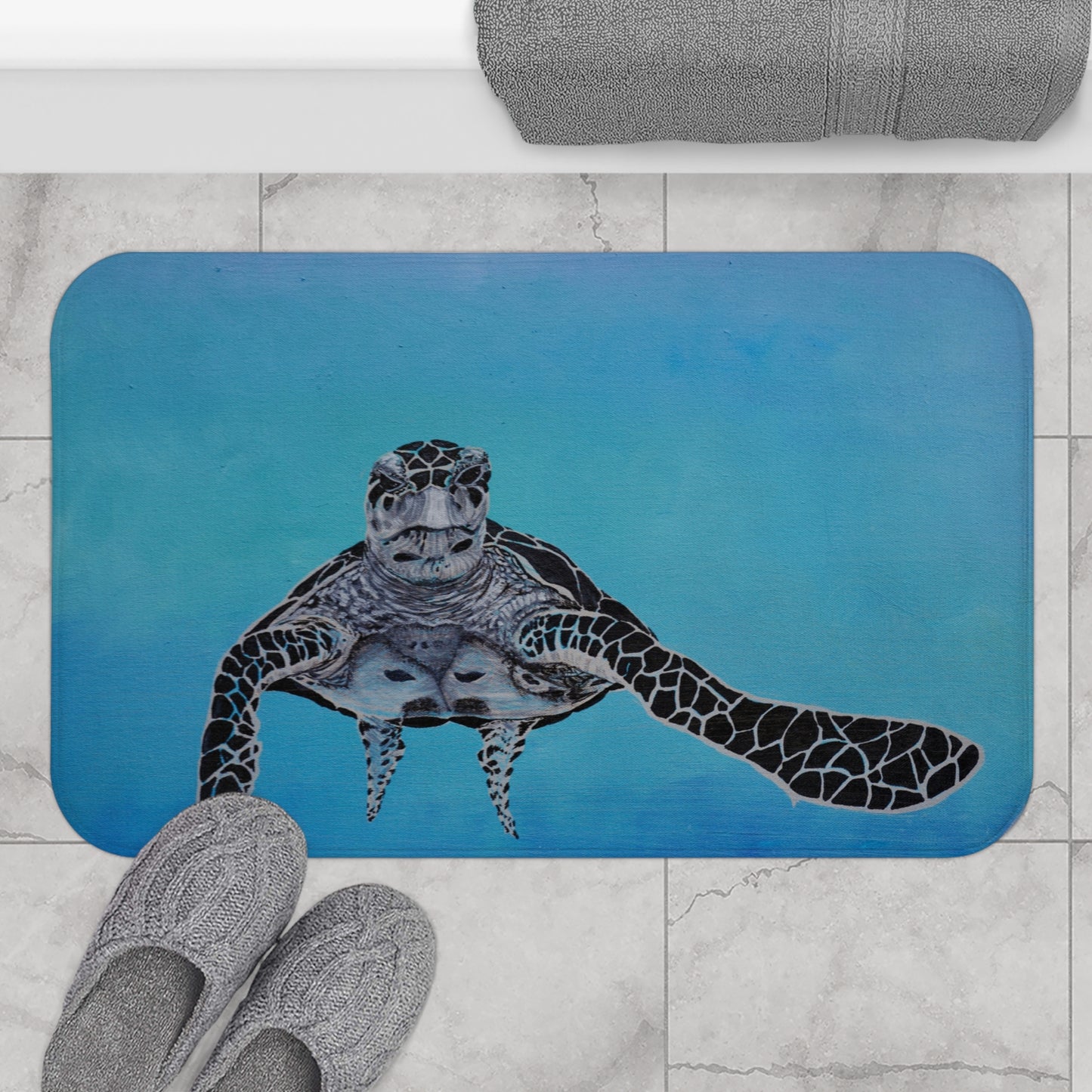 Blue White and Blue Turtle Bath Mat