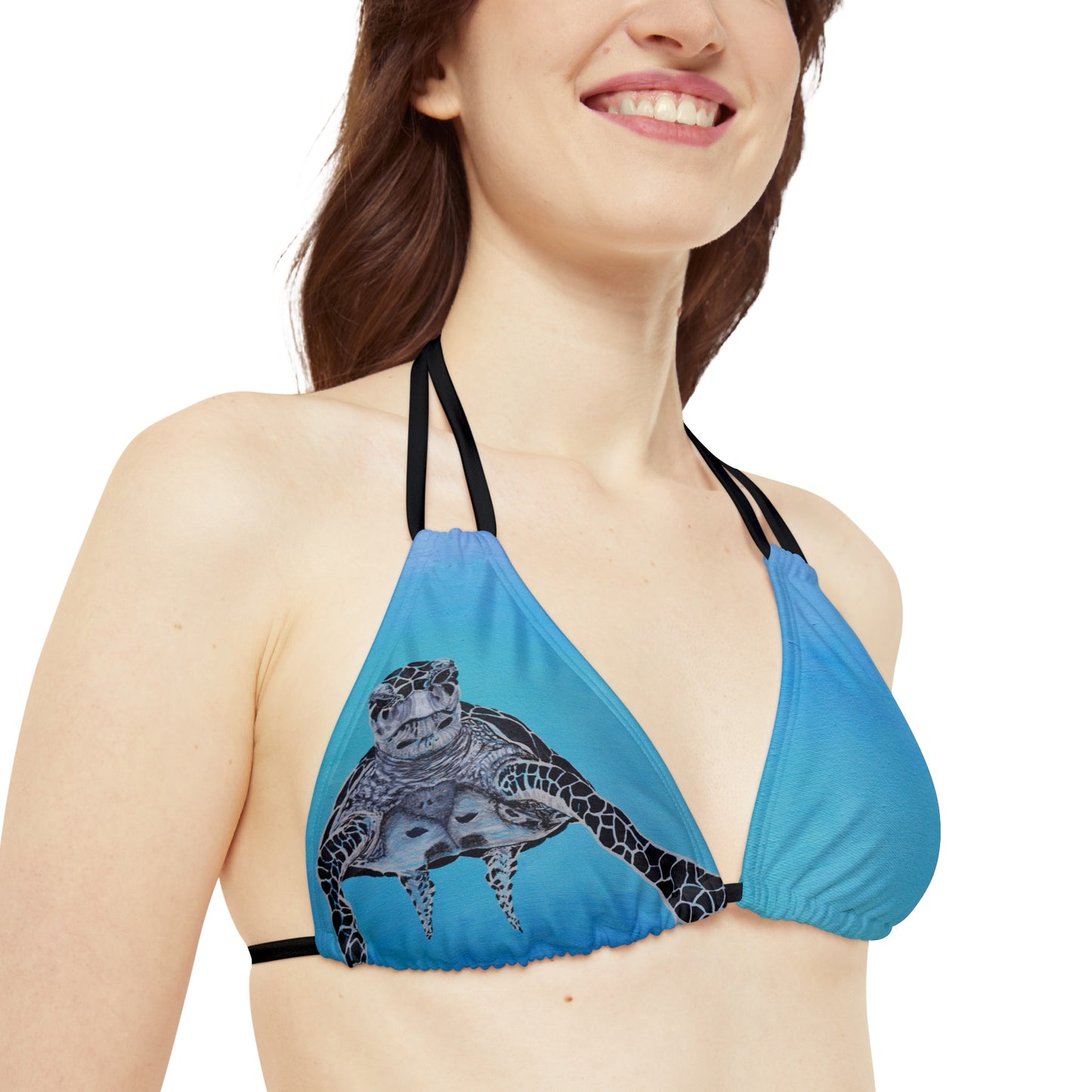 Dude Sea Turtle Black White and Blue Strappy Triangle Bikini Top (AOP)