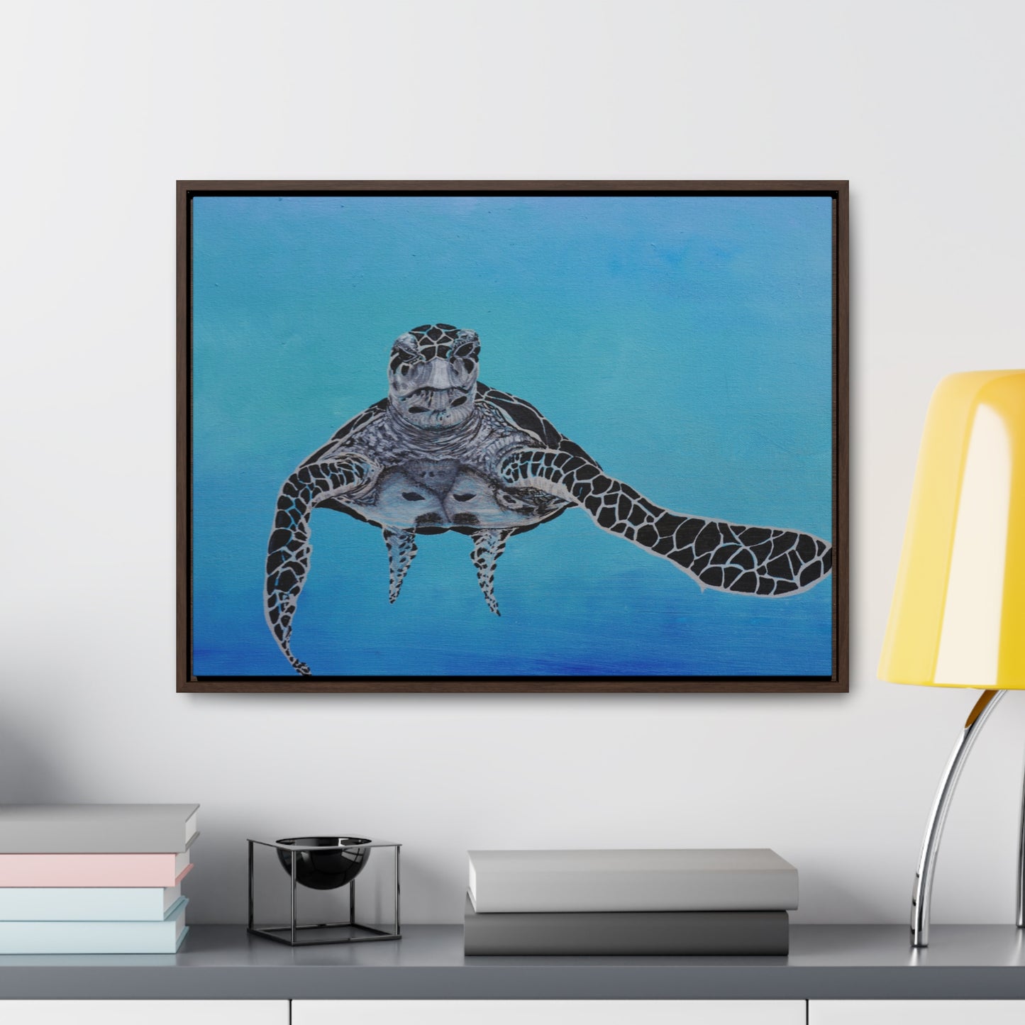 Black White and Blue Turtle Painting Print Gallery Canvas Wraps, Horizontal Frame