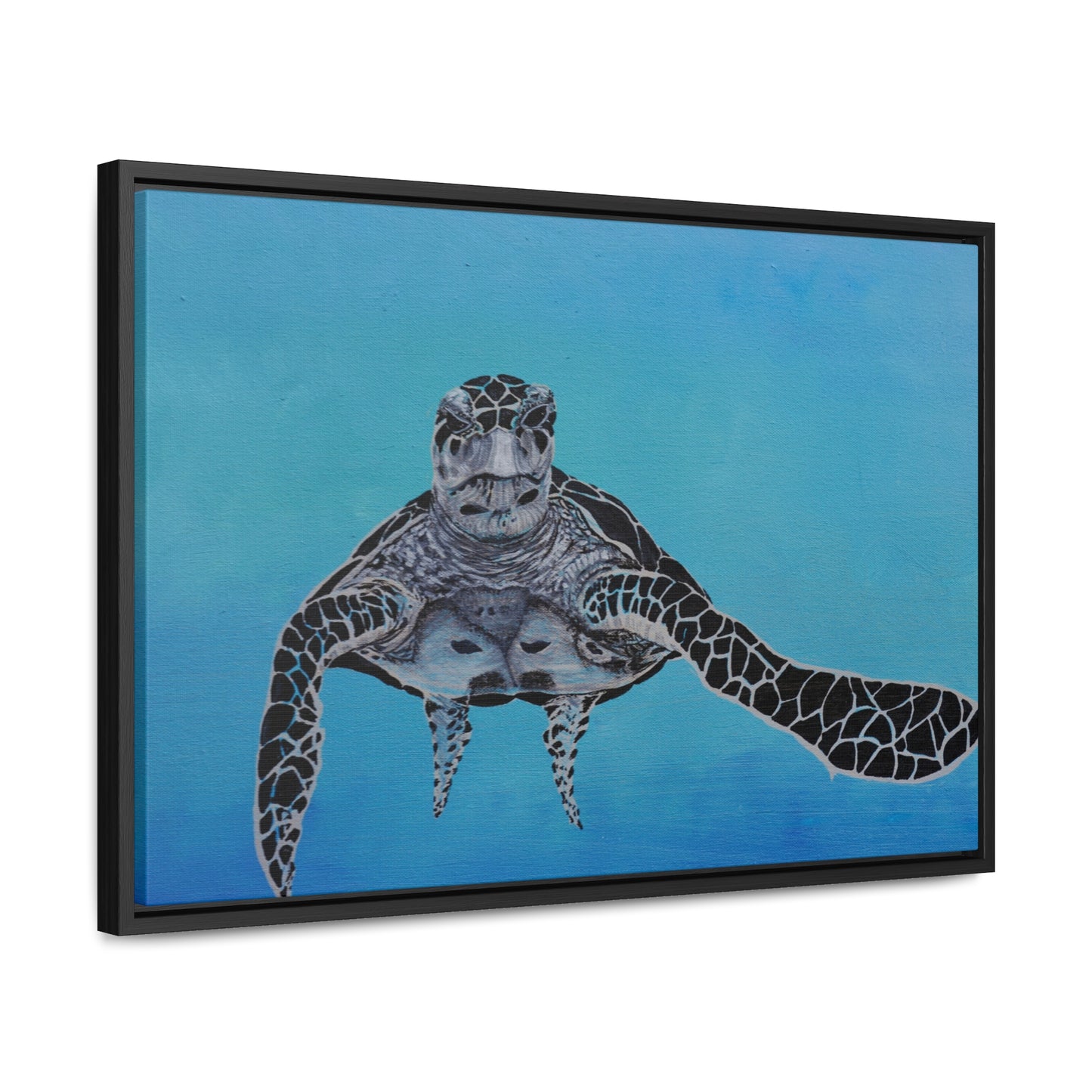 Black White and Blue Turtle Painting Print Gallery Canvas Wraps, Horizontal Frame