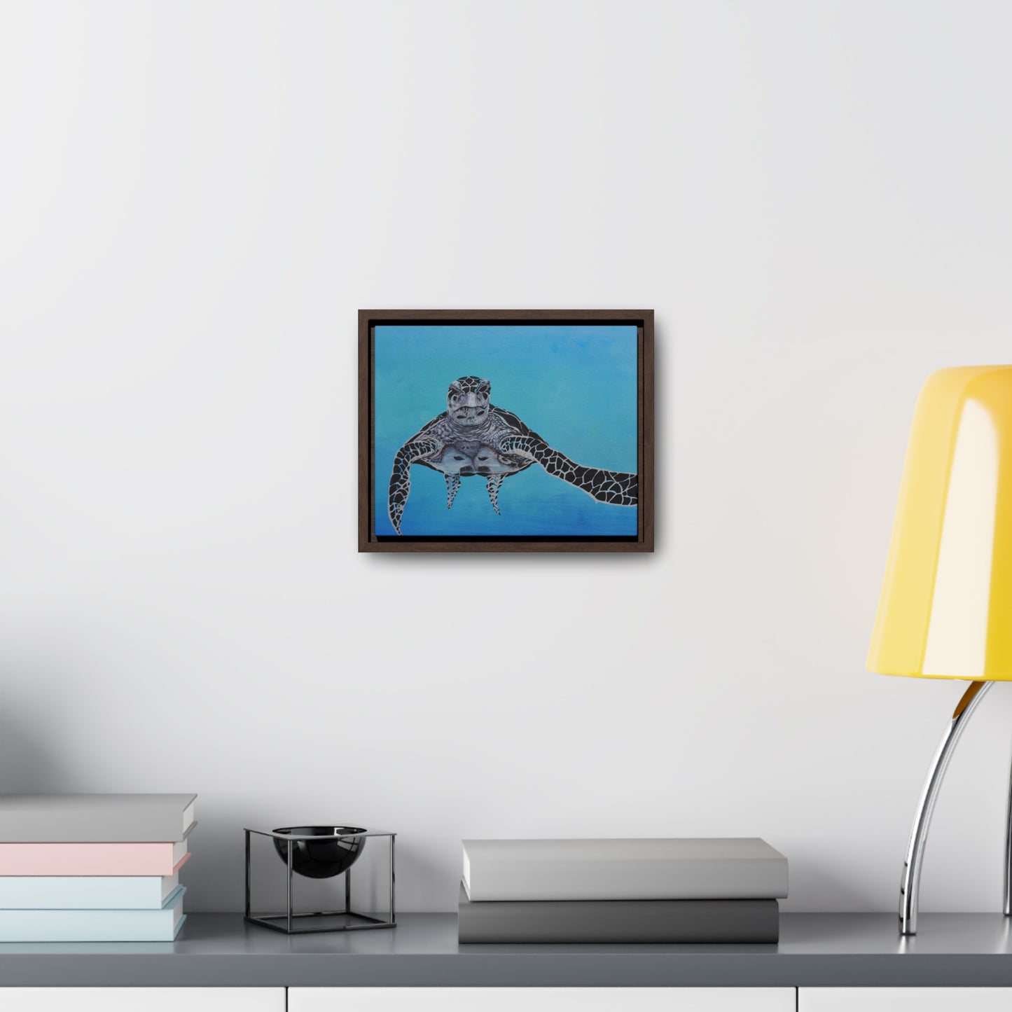 Black White and Blue Turtle Painting Print Gallery Canvas Wraps, Horizontal Frame